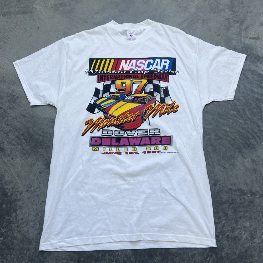 Vintage 1997 NASCAR Dover Monster Mile Miller 500 T-Shirt Mens XL White Delta